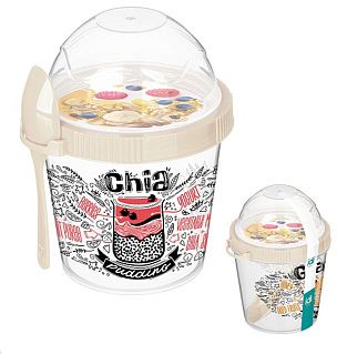 Контейнер для завтрак 450мл с ложкой с декором (светло-бежевый)